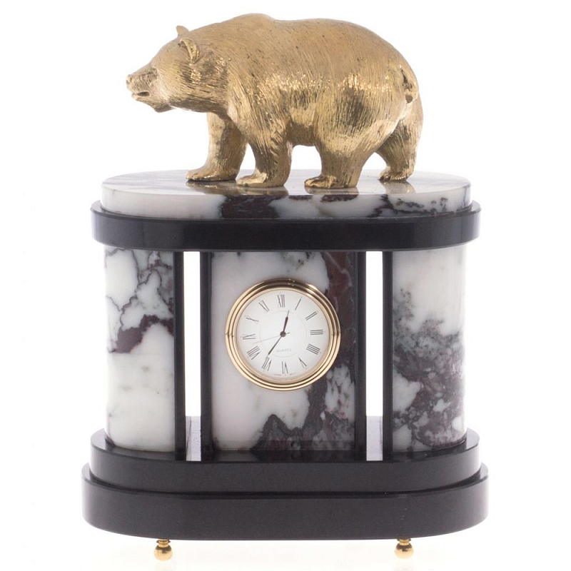 Часы настольные бронзовые с декором в виде медведя Bear Stone Clock Черный Бронза Коричневый Белый Часы настольные бронзовые с декором в виде медведя Bear Stone Clock Черный Бронза Коричневый Белый в Тюмени | Loft Concept