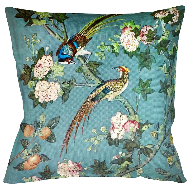 Подушка декоративная с изображением птицы в саду Chinoiserie Birds in the Garden Cushion Бирюзовый Мульти в Тюмени | Loft Concept 
