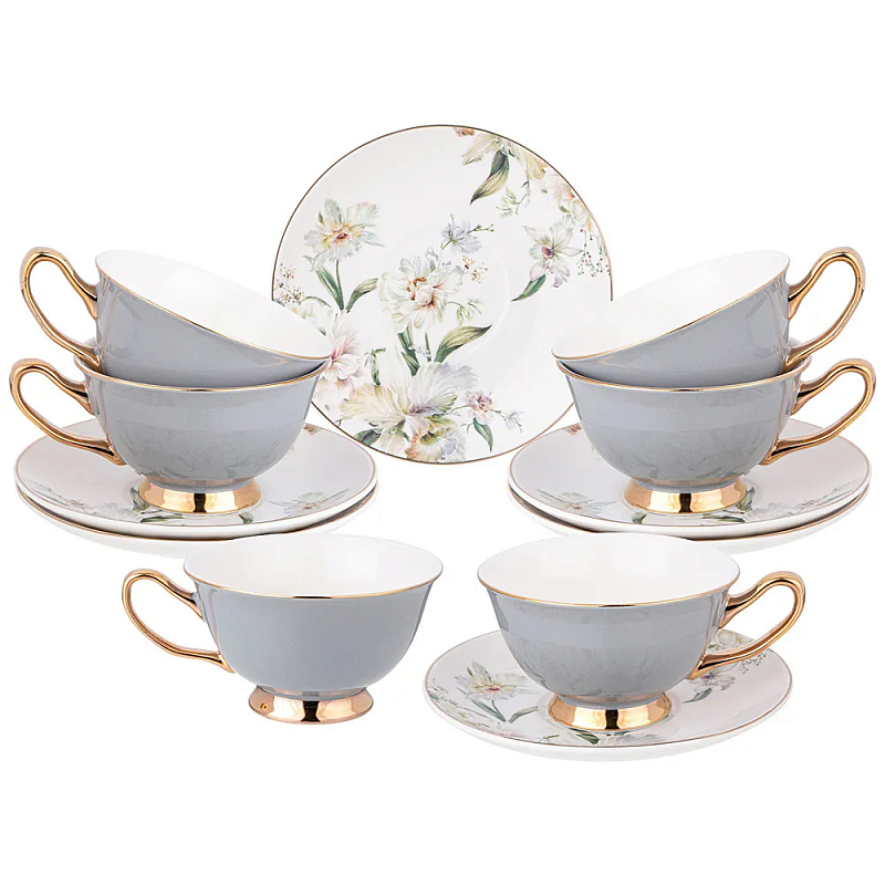 Чайный набор из фарфора на 6 персон Grey Tea Porcelain Set Белый Золотой Серый Чайный набор из фарфора на 6 персон Grey Tea Porcelain Set Белый Золотой Серый в Тюмени | Loft Concept