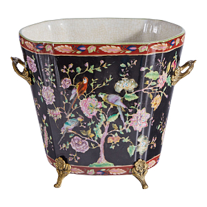 Кашпо из фарфора черная с цветочной росписью и бронзовой стрекозой Spring Garden