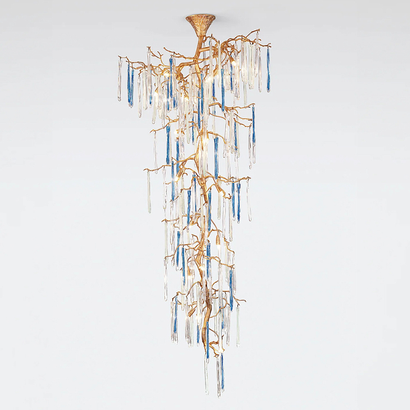 Люстра каскадная с прозрачными и голубыми подвесками в форме капель Droplet Chandelier Золотой Прозрачный Голубой Люстра каскадная с прозрачными и голубыми подвесками в форме капель Droplet Chandelier Золотой Прозрачный Голубой в Тюмени | Loft Concept