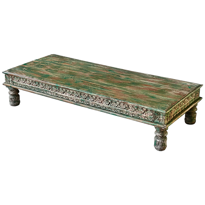 Кофейный стол из массива тропического дерева с резным декором Capellan Green Coffee Table Зеленый Коричневый Древесина в Тюмени | Loft Concept 