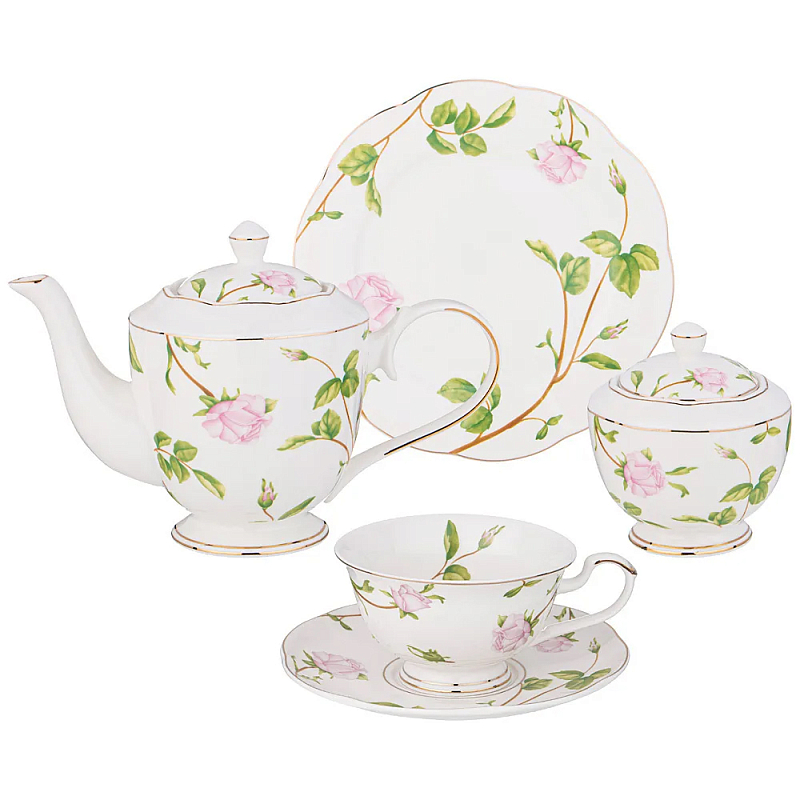Чайный сервиз из фарфора белый с цветочным принтом на 6 персон 20 предметов Flower Porcelain Collection Белый Мульти Чайный сервиз из фарфора белый с цветочным принтом на 6 персон 20 предметов Flower Porcelain Collection Белый Мульти в Тюмени | Loft Concept