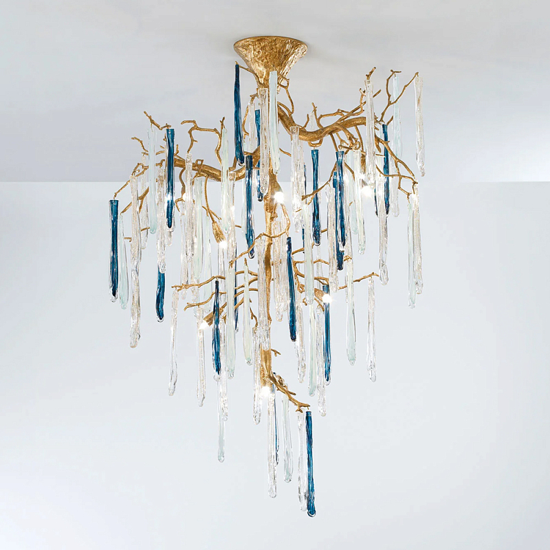 Люстра с прозрачными и голубыми подвесками в форме капель Droplet Chandelier Золотой Прозрачный Синий Люстра с прозрачными и голубыми подвесками в форме капель Droplet Chandelier Золотой Прозрачный Синий в Тюмени | Loft Concept