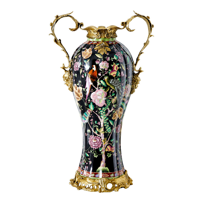 Ваза из фарфора черная с цветочной росписью и бронзовыми элементами Spring Garden Бронза Мульти Черный в Тюмени | Loft Concept 