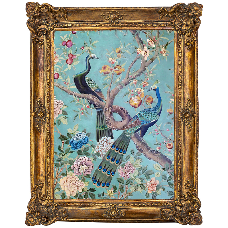 Постер в раме в стиле шинуазри Павлины на дереве Chinoiserie Imperial Garden Peacocks on a Tree Poster Мульти Античная Бронза в Тюмени | Loft Concept 