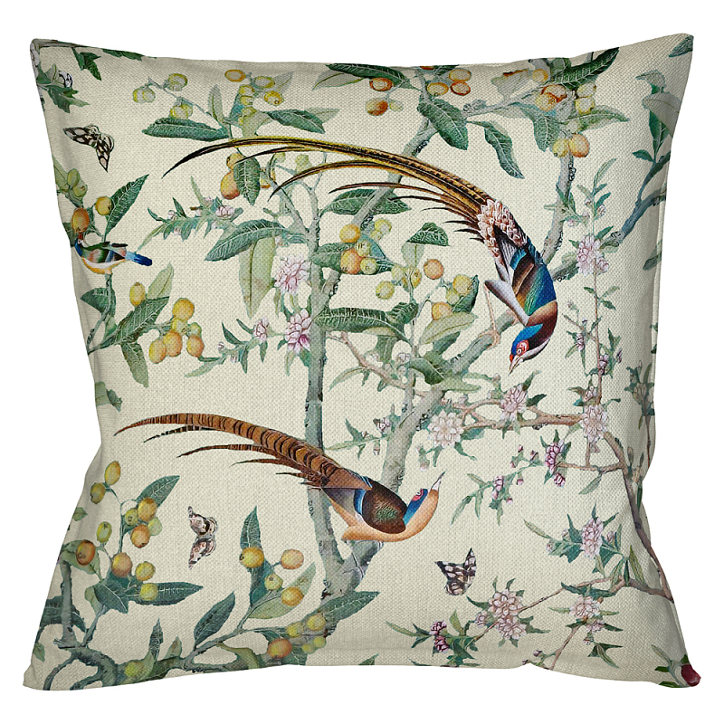 Подушка декоративная с изображением птицы в саду Beige Chinoiserie Birds in the Garden Cushion Мульти Бежевый в Тюмени | Loft Concept 