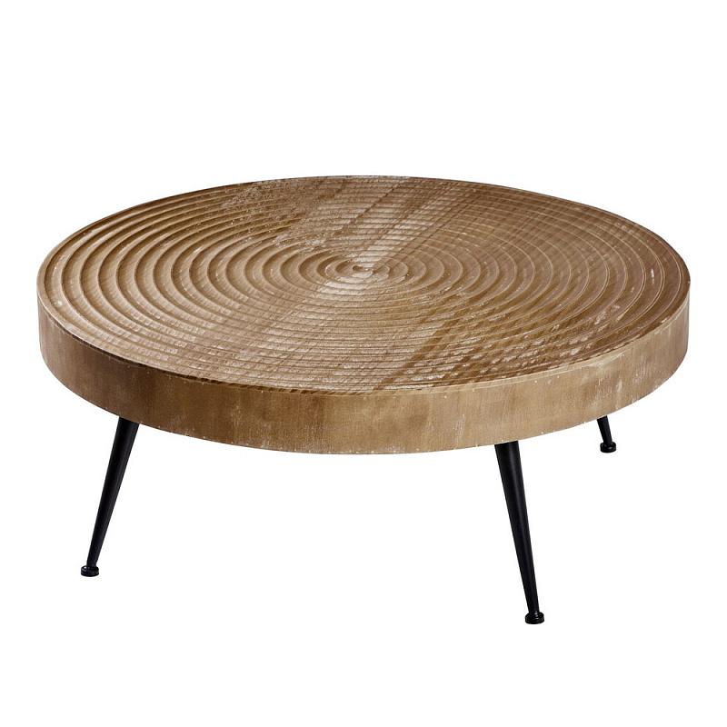 Журнальный столик с круглой фактурной столешницей из натурального дерева Vortex Коричневый Черный в Тюмени | Loft Concept 