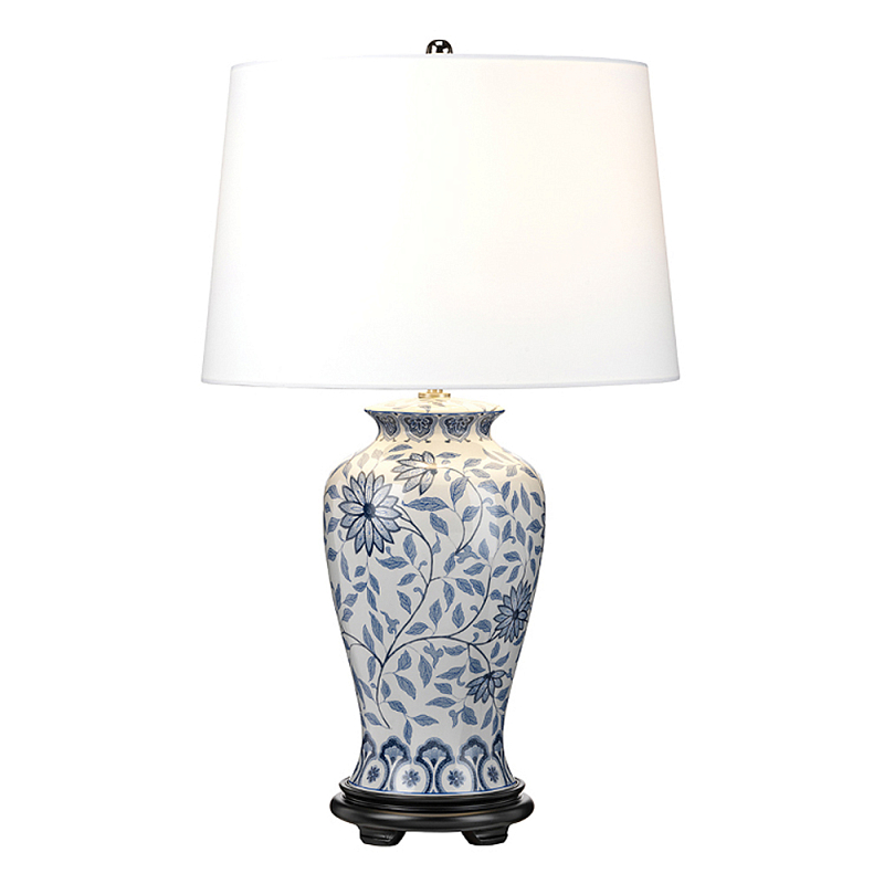 Настольная лампа с керамическим основанием в белом цвете с синим цветочным орнаментом на темной деревянной подставке и тканевым абажуром Elstead Lighting Белый Синий Черный в Тюмени | Loft Concept 