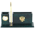 Настольный письменный набор с гербом России и часами из природного камня змеевик Successful Leader варинант исполнения - 1 | Loft Concept в Тюмени