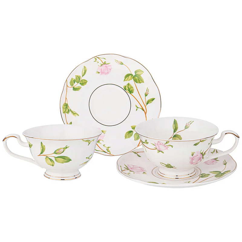 Чайный набор из фарфора белый с цветочным принтом на 2 персоны 4 предмета Flower Porcelain Collection Белый Мульти в Тюмени | Loft Concept 