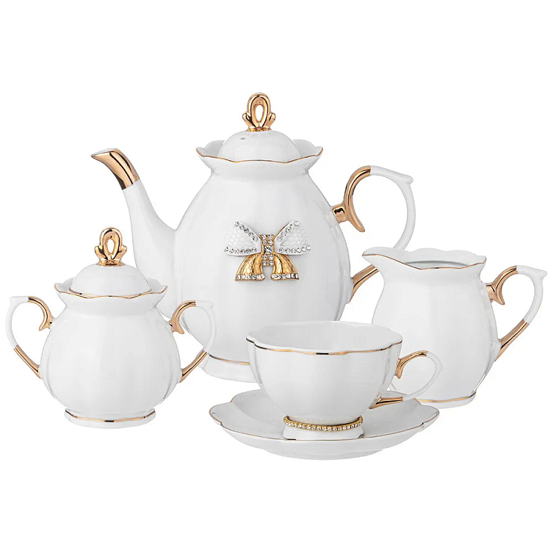 Чайный сервиз из фарфора со стразами на 6 персон 15 предметов Shine Porcelain Белый Золотой Чайный сервиз из фарфора со стразами на 6 персон 15 предметов Shine Porcelain Белый Золотой в Тюмени | Loft Concept