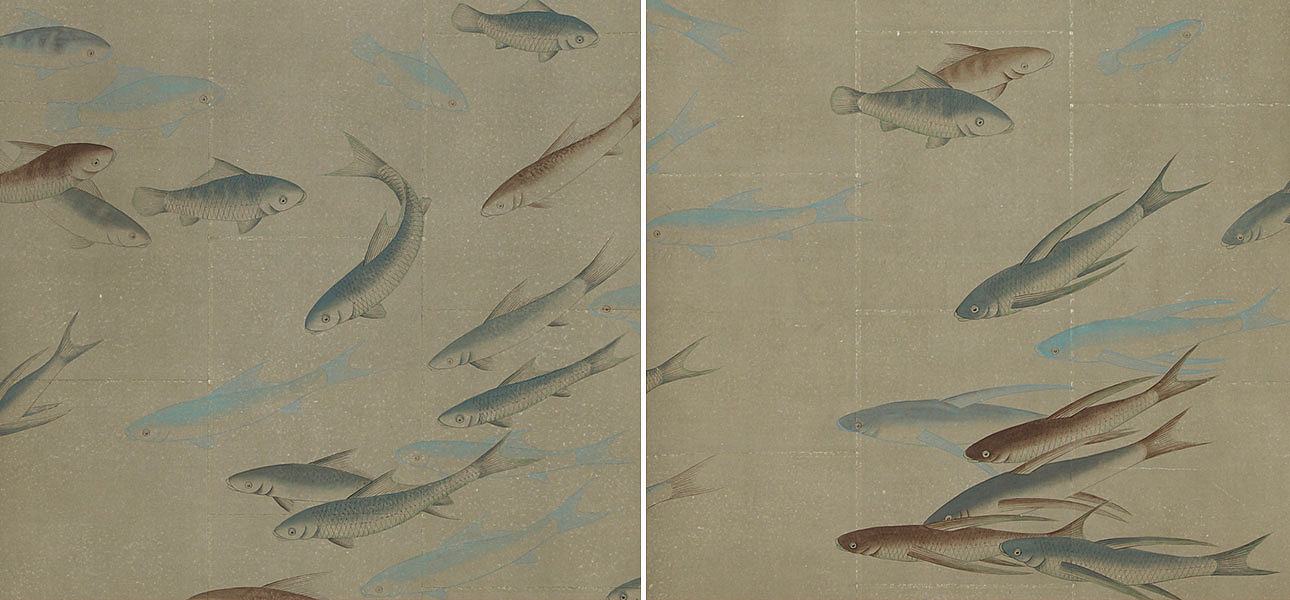 Обои ручная роспись Fishes Special Colourway on Lead Grey India tea paper Обои ручная роспись Fishes Special Colourway on Lead Grey India tea paper - Loft-Concept в Тюмени