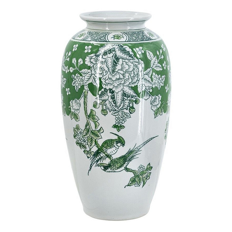 Ваза высокая с зелеными цветочными и птичьими мотивами Vase Inspired by Nature Зеленый Белый в Тюмени | Loft Concept 