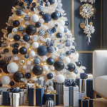 Украшенная Белая Новогодняя Елка с сине-белыми шарами и и муляжами подарков в комплекте варинант исполнения - 2 | Loft Concept в Тюмени