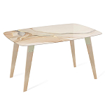 Обеденный стол с прямоугольной бежевой столешницей из стекла на 4-х деревянных ножках Beige Marble варинант исполнения - 1 | Loft Concept в Тюмени