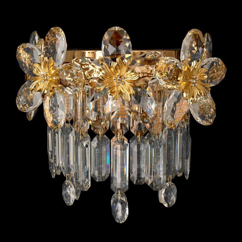 Бра с декоративными элементами в виде крупных хрустальных цветов Palace Gardens Золотой Прозрачный в Тюмени | Loft Concept 