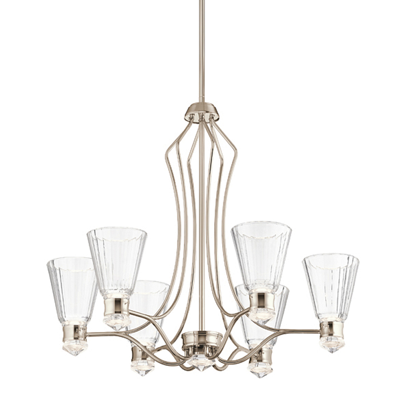 Люстра цвета никель с 6-ю рифлеными стеклянными плафонами и изогнутым каркасом Kichler Никель Белый Прозрачное Стекло в Тюмени | Loft Concept 