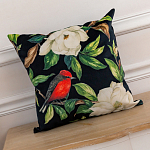 Декоративная подушка чёрная с изображением птиц и цветов Blooming Reds Birds варинант исполнения - 2 | Loft Concept в Тюмени
