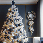 Украшенная Белая Новогодняя Елка с сине-белыми шарами и и муляжами подарков в комплекте варинант исполнения - 1 | Loft Concept в Тюмени
