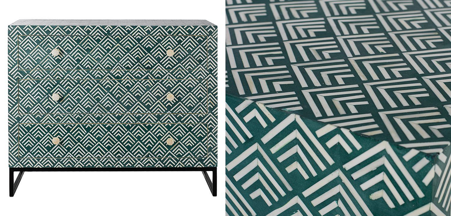 Комод инкрустация костью Green Indian Bone Inlay 3 drawer Зеленый Комод инкрустация костью Green Indian Bone Inlay 3 drawer Зеленый - Loft-Concept в Тюмени