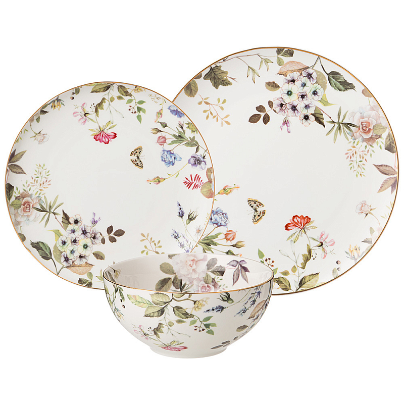 Набор посуды обеденный на 4 персоны 12 предметов Garden Whisper Porcelain Set Белый Мульти Набор посуды обеденный на 4 персоны 12 предметов Garden Whisper Porcelain Set Белый Мульти в Тюмени | Loft Concept