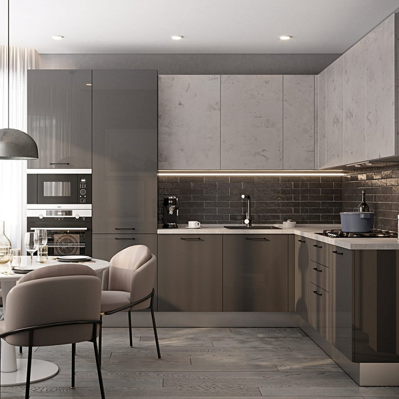 Кухонный гарнитур с серым глянцевым фасадом Onfroi Moss Grey Kitchen Set Серый Кухонный гарнитур с серым глянцевым фасадом Onfroi Moss Grey Kitchen Set Серый в Тюмени | Loft Concept