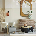 Дизайнерский журнальный стол округлой формы чёрный с золотой столешницей Fufem варинант исполнения - 2 | Loft Concept в Тюмени