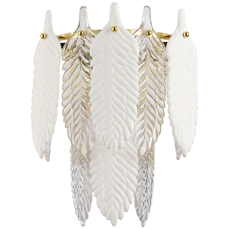 Бра с декором из рельефного стекла в виде перьев Abelia Feather Wall Lamp Золотой Белый Прозрачный Бра с декором из рельефного стекла в виде перьев Abelia Feather Wall Lamp Золотой Белый Прозрачный в Тюмени | Loft Concept