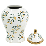 Ваза белая с крышкой с рисунком зеленых и золотых листьев 48 см Chinoiserie Ceramics варинант исполнения - 3 | Loft Concept в Тюмени