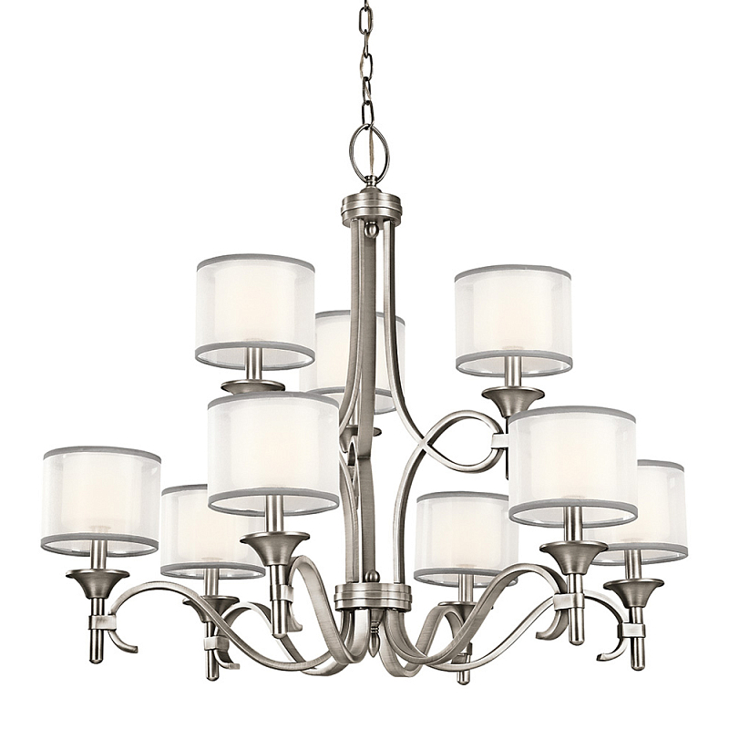 Люстра с белыми тканевыми абажурами в прозрачных стеклянных цилиндрах Kichler Белый Бежевый Никель Бронза Прозрачное Стекло в Тюмени | Loft Concept 