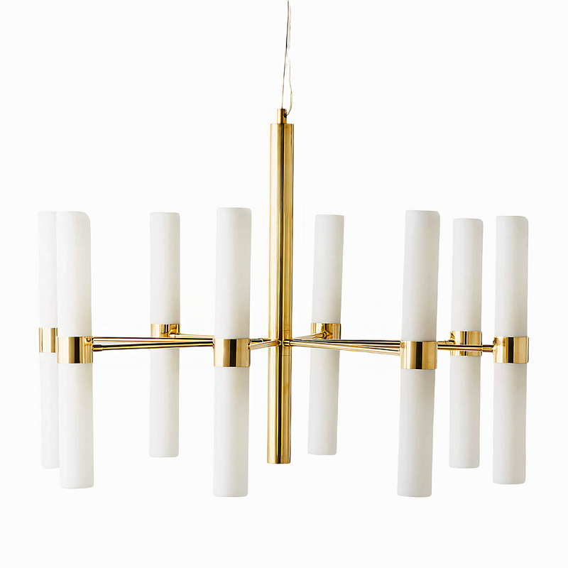Люстра золотая с 16-ю тонкими цилиндрическими плафонами Shoulders Золотой Белое матовое стекло в Тюмени | Loft Concept 