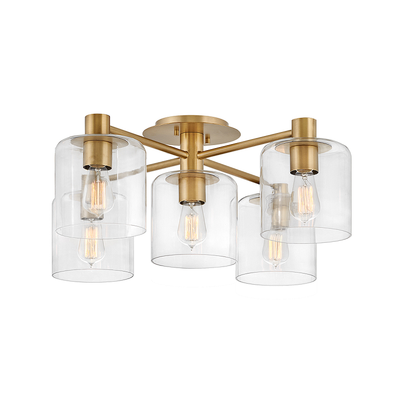 Потолочный светильник цвета латунь с пятью прозрачными цилиндрическими плафонами Hinkley Латунь Прозрачное Стекло в Тюмени | Loft Concept 